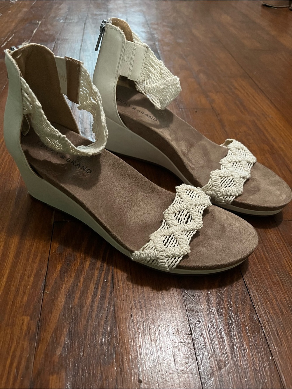 Lucky Brand Women’s Cream Wedge Sandals with Crochet Braided Straps